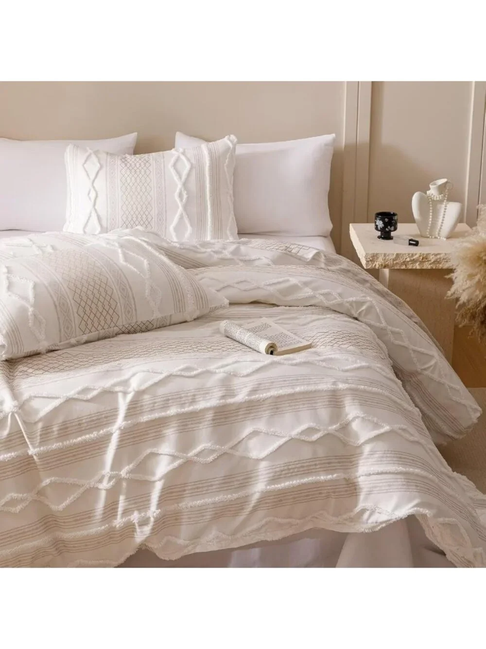 Queen White Boho Comforter Set - Soft Tufted Bedding, Rustic Chic 3PCS Quilt